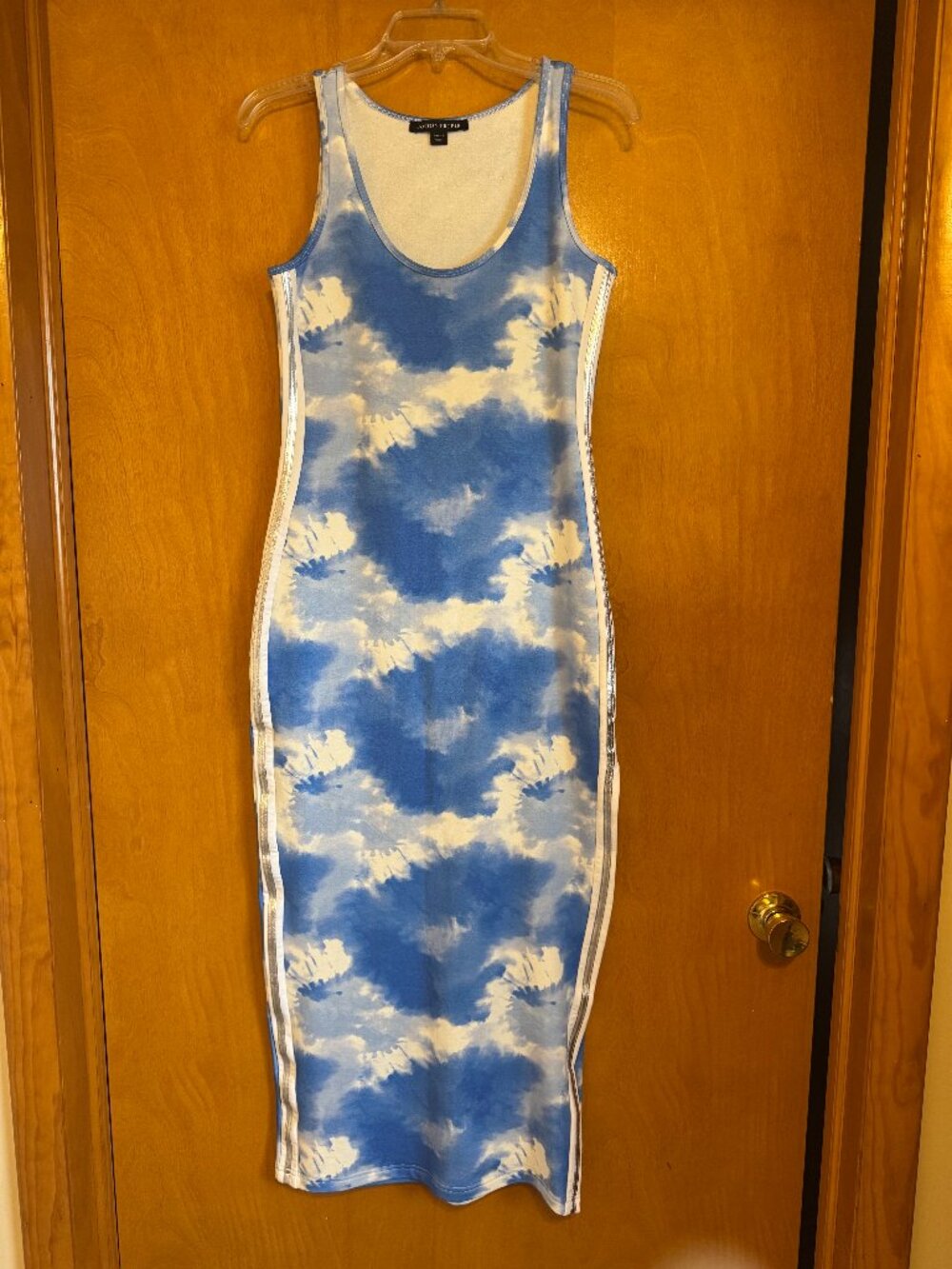 Sporty Blue Midi Dress Tie-Dye with Silver Racing Stripe XS Boston Proper